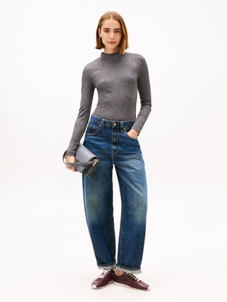 Grey Festive Metallic Slim Long Sleeve Top  Women