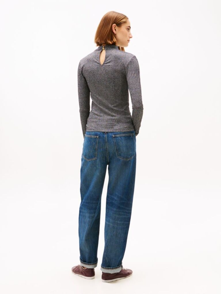 Grey Festive Metallic Slim Long Sleeve Top  Women