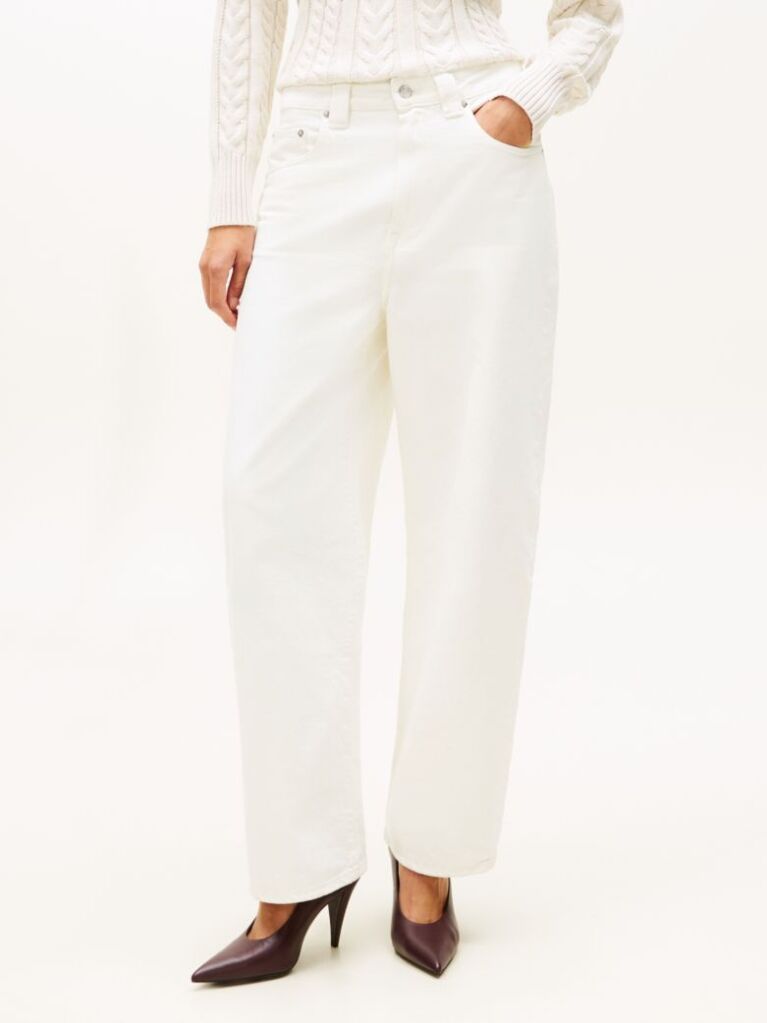 White Mid Rise Tapered Barrel Leg White Jeans  Women