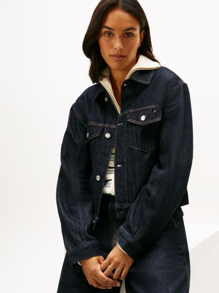 Blue Flag Embroidery Pleated Denim Jacket  Women