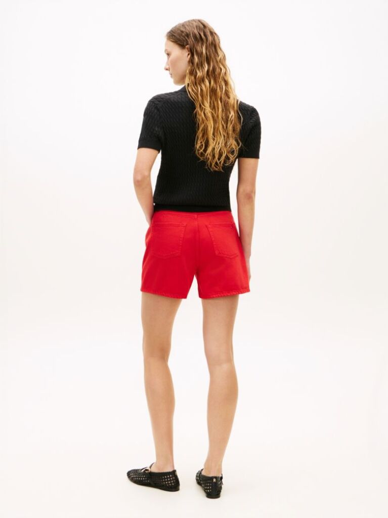 Red Gold-Tone Button High Rise Denim Shorts  Women