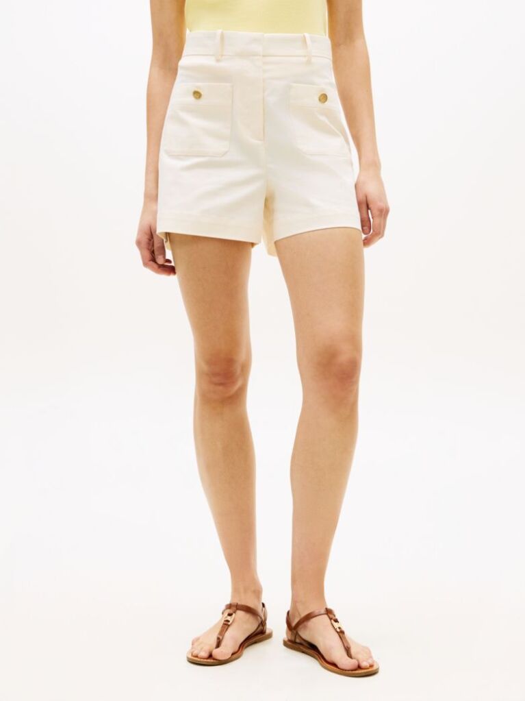 Beige Crest Embossed Gold-Tone Button Shorts  Women