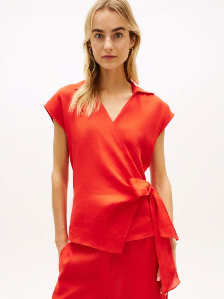 Red Pure Linen Wrap Knot Sleeveless Blouse  Women