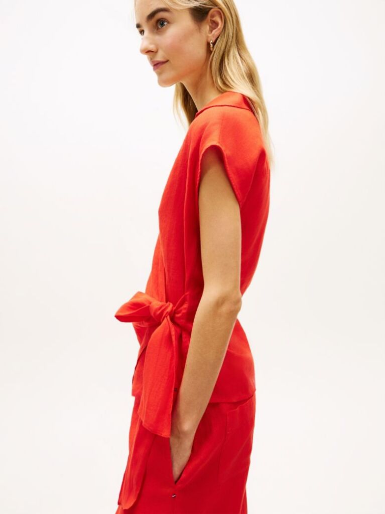 Red Pure Linen Wrap Knot Sleeveless Blouse  Women