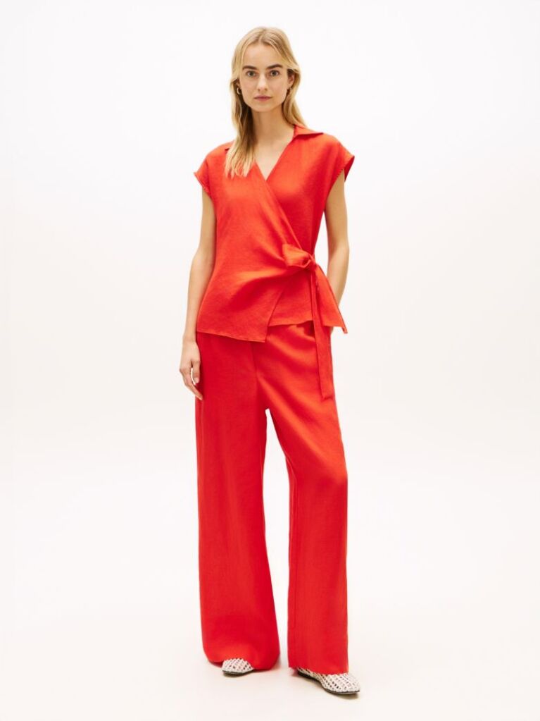 Red Pure Linen Wrap Knot Sleeveless Blouse  Women