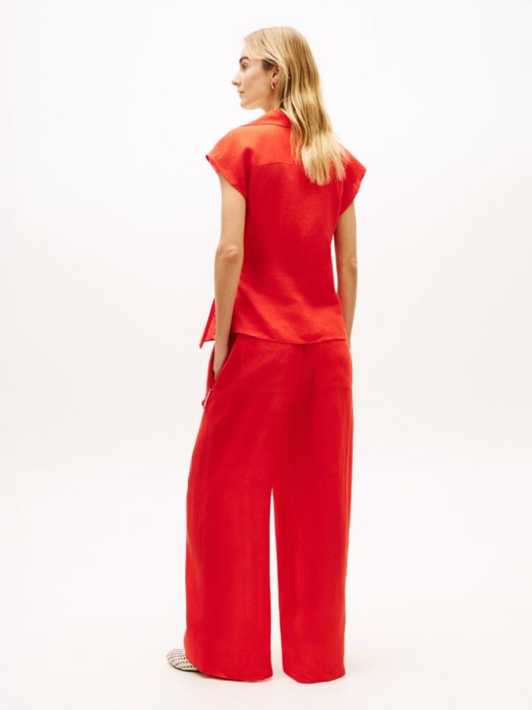Red Pure Linen Wrap Knot Sleeveless Blouse  Women
