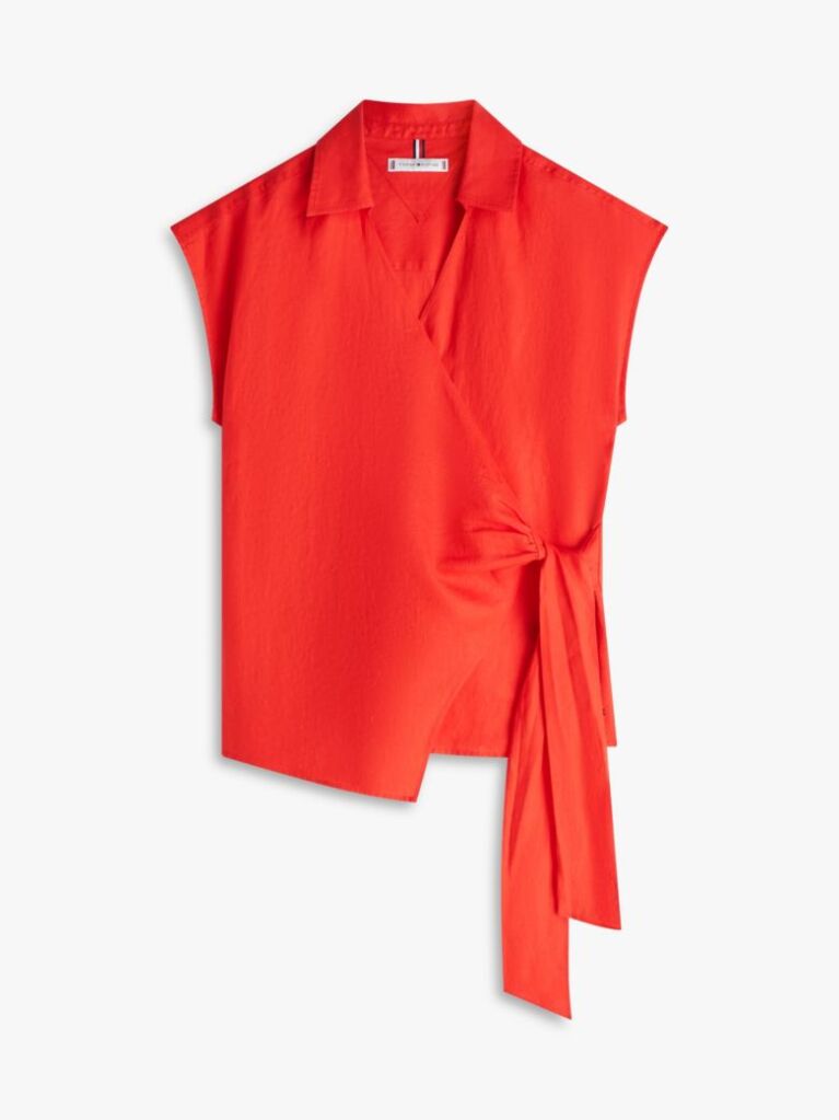 Red Pure Linen Wrap Knot Sleeveless Blouse  Women