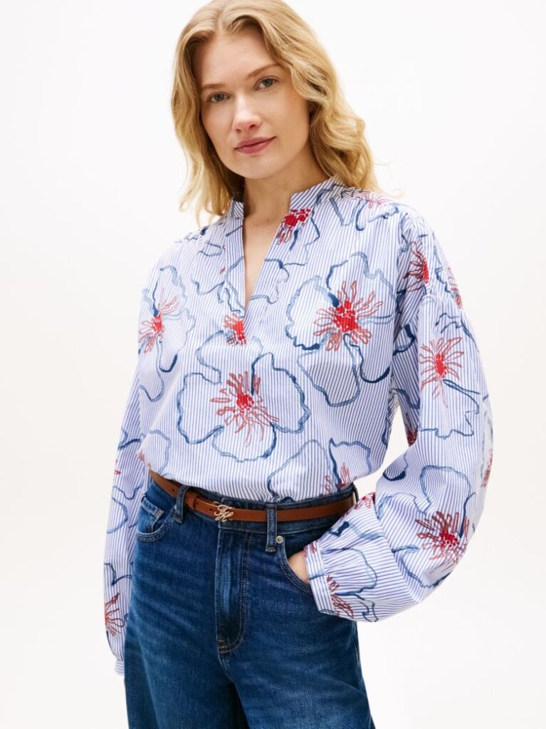 Multi Relaxed Fit Poplin V-Neck Blouse  Women