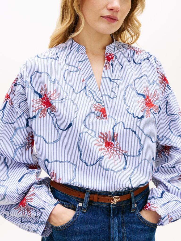 Multi Relaxed Fit Poplin V-Neck Blouse  Women