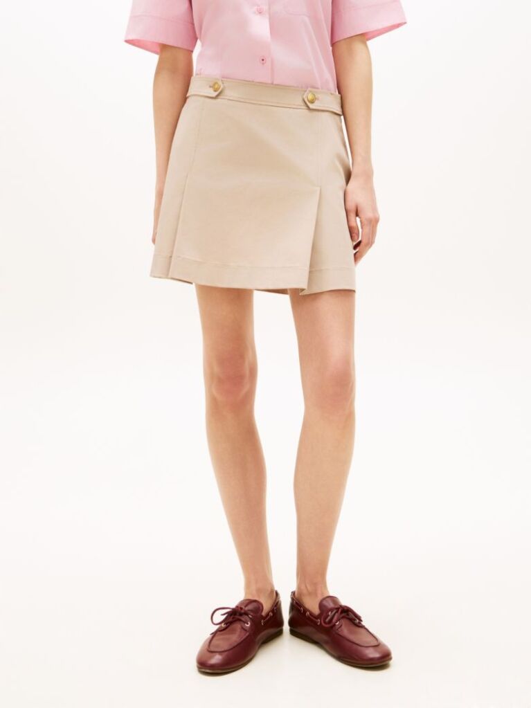 Beige Gold-Tone Button Crest Pleated Mini Skirt  Women