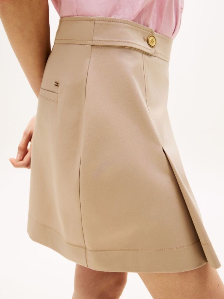 Beige Gold-Tone Button Crest Pleated Mini Skirt  Women