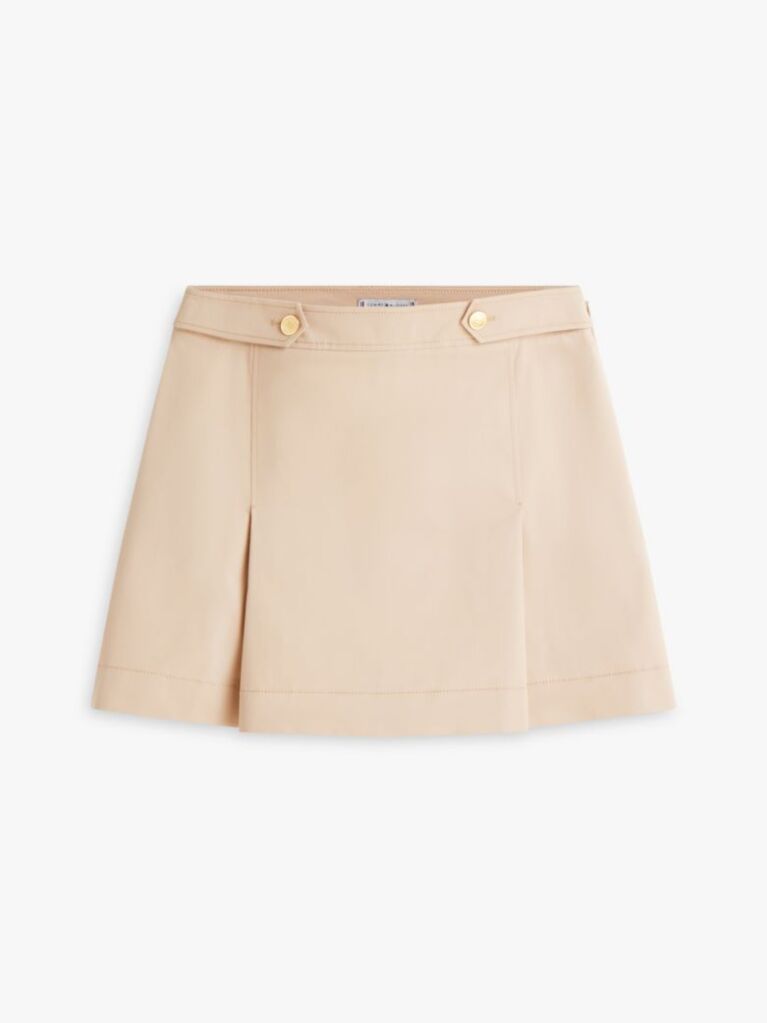 Beige Gold-Tone Button Crest Pleated Mini Skirt  Women