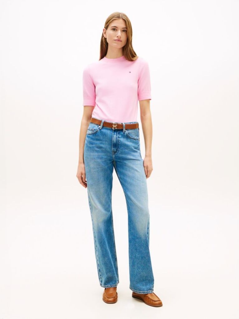 Pink Fine Knit Jersey Short Sleeve Jumper  Women