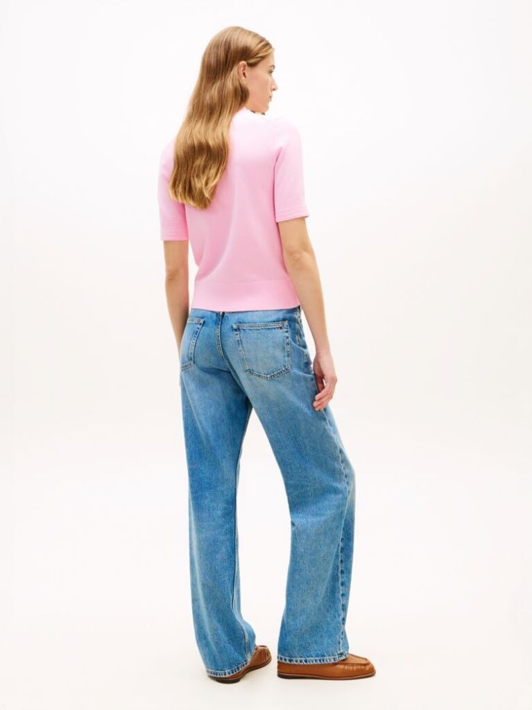 Pink Fine Knit Jersey Short Sleeve Jumper  Women