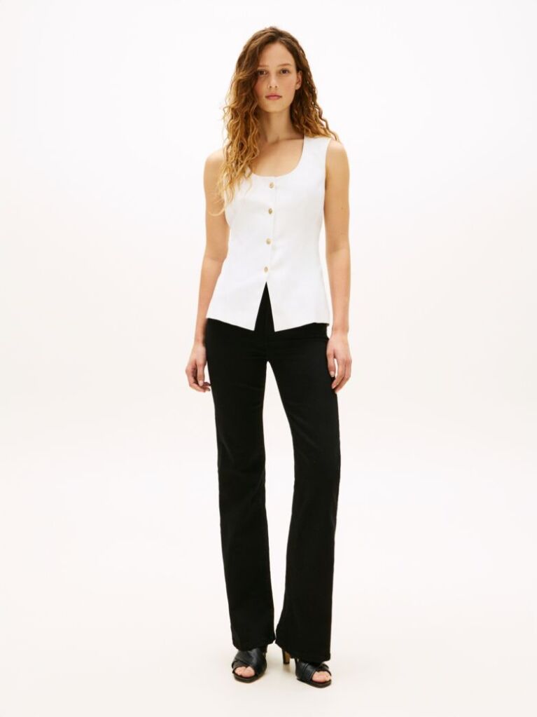 White Gold-Tone Button Linen Blend Slim Waistcoat  Women