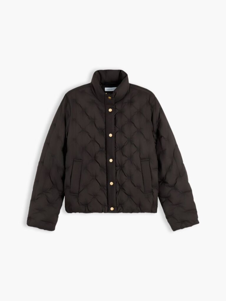 Black Gold-Tone Button Flag Down Quilted Jacket  Women