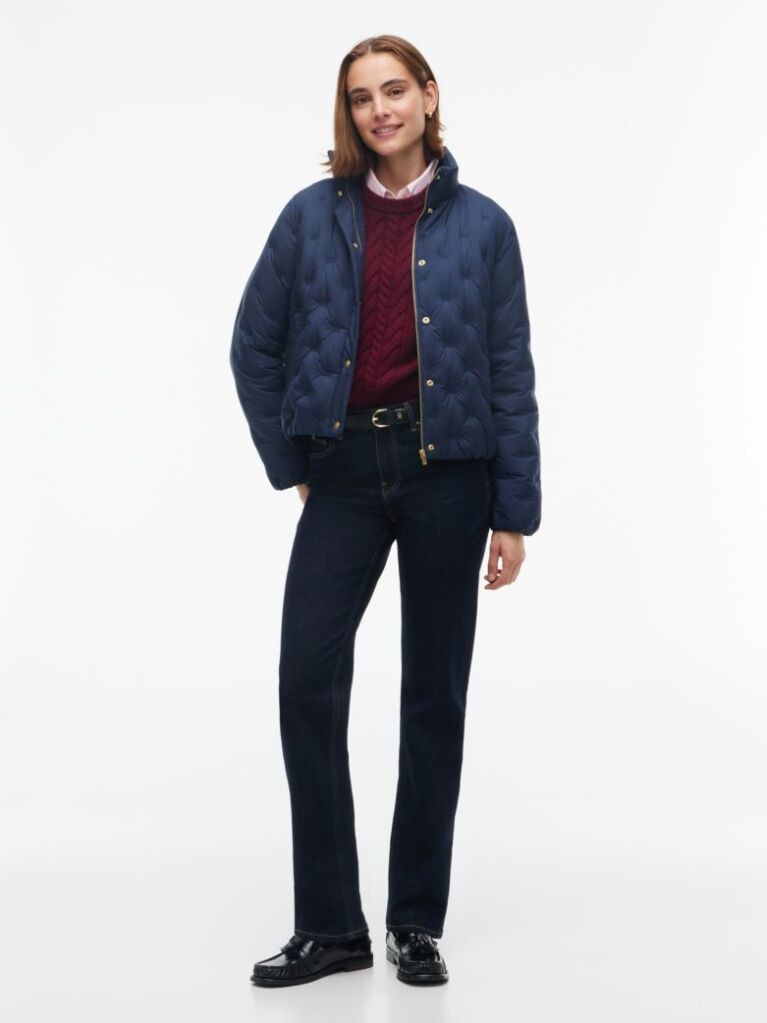 Blue Gold-Tone Button Flag Down Quilted Jacket  Women