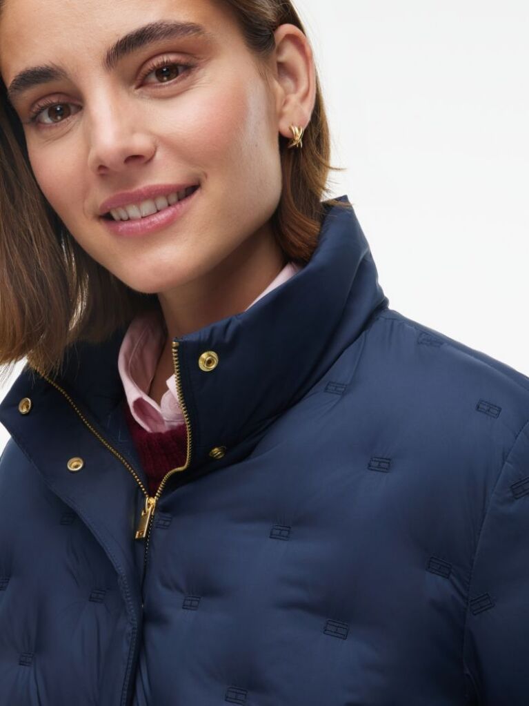 Blue Gold-Tone Button Flag Down Quilted Jacket  Women