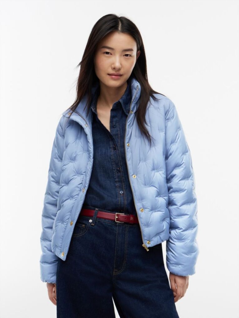 Blue Gold-Tone Button Flag Down Quilted Jacket  Women