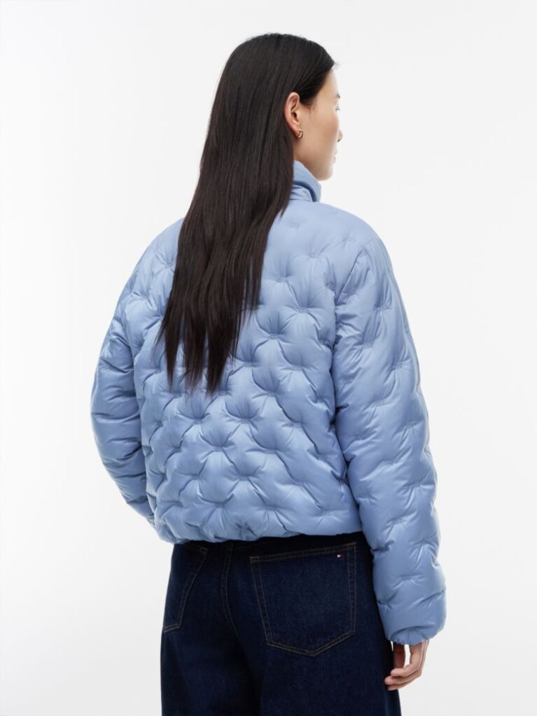Blue Gold-Tone Button Flag Down Quilted Jacket  Women