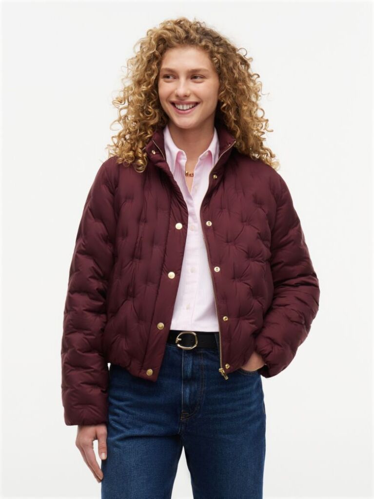 Red Gold-Tone Button Flag Down Quilted Jacket  Women