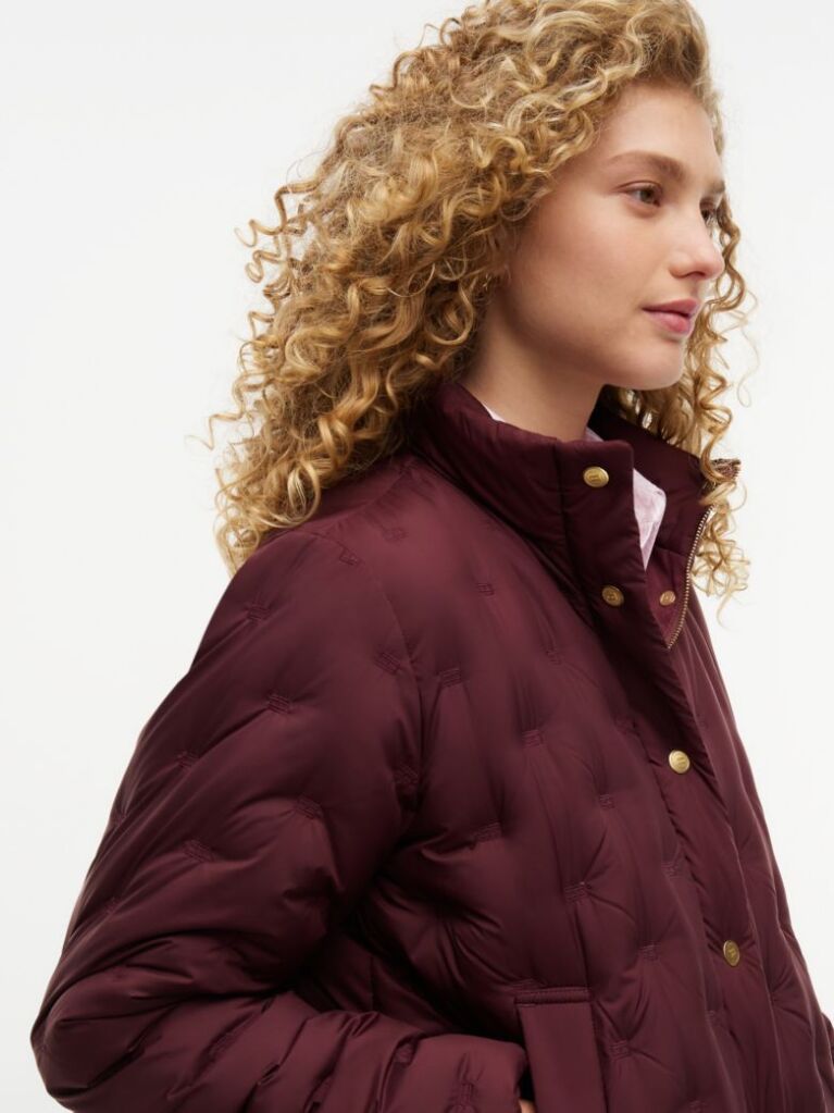 Red Gold-Tone Button Flag Down Quilted Jacket  Women