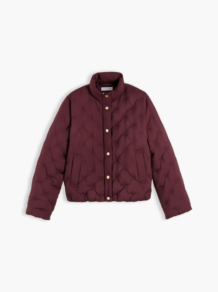 Red Gold-Tone Button Flag Down Quilted Jacket  Women