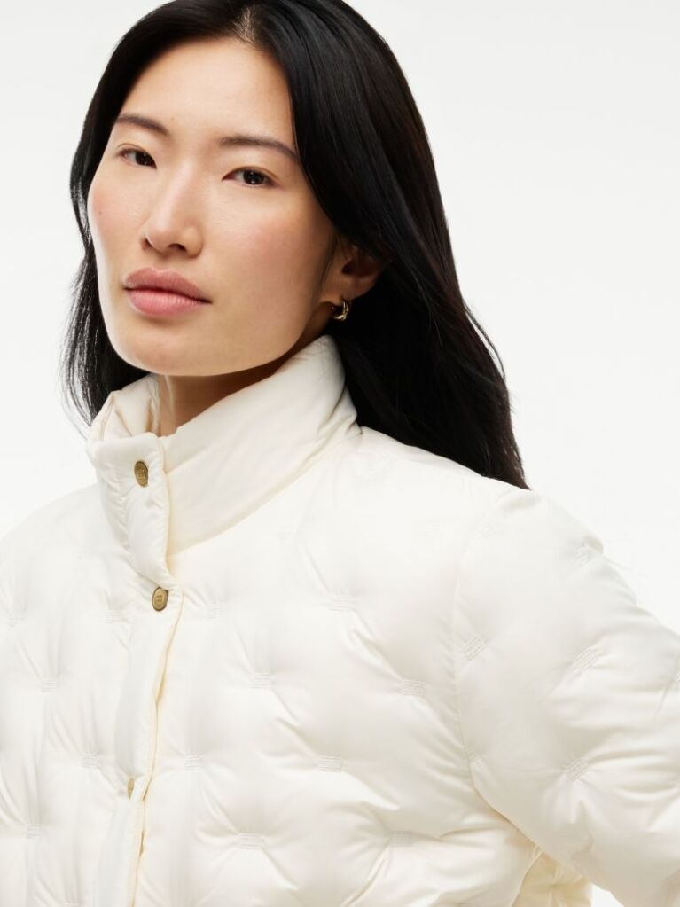 Beige Gold-Tone Button Flag Down Quilted Jacket  Women