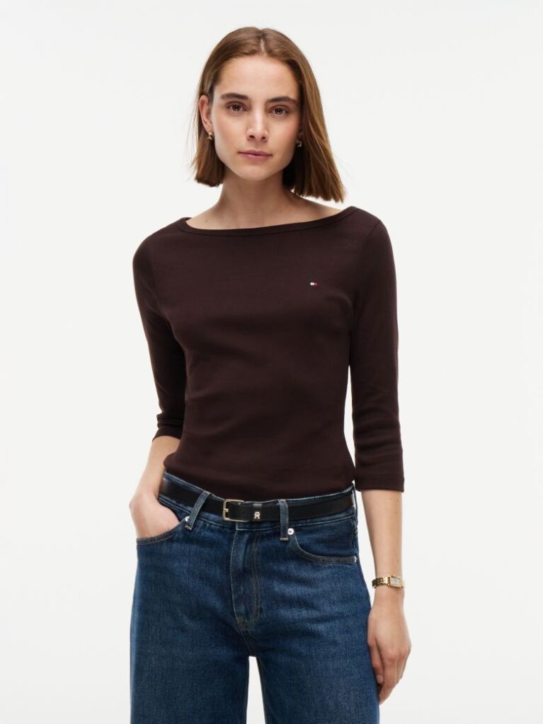 Brown Slim Boat Neck Three-Quarter Sleeve T-Shirt  Women