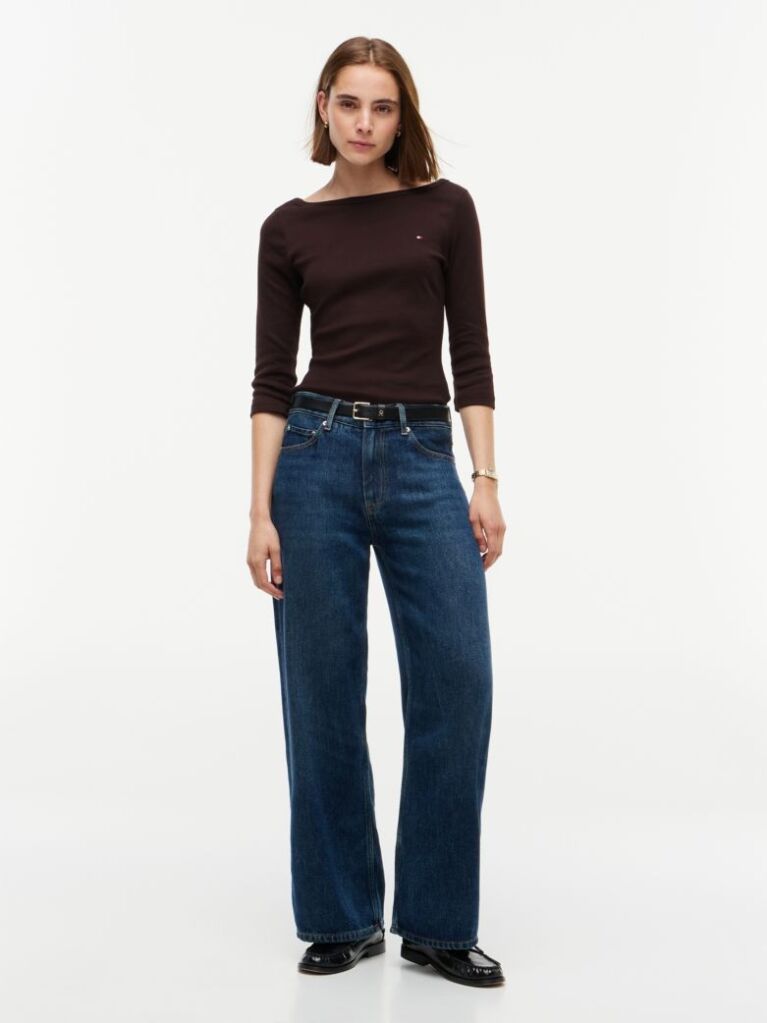 Brown Slim Boat Neck Three-Quarter Sleeve T-Shirt  Women