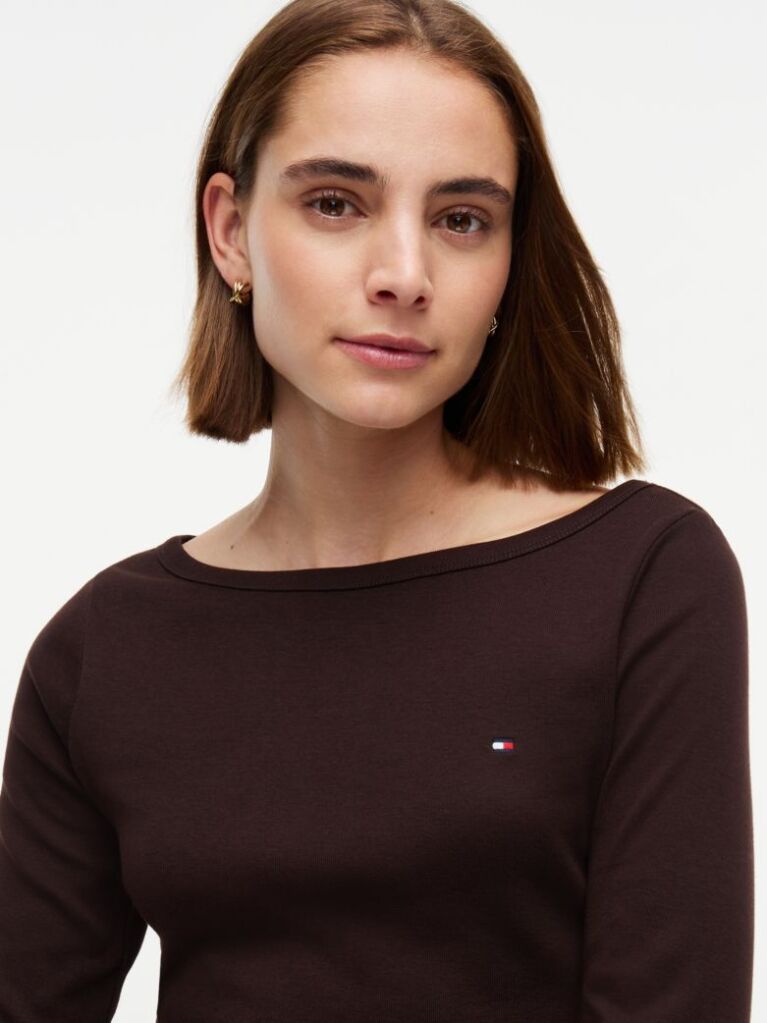 Brown Slim Boat Neck Three-Quarter Sleeve T-Shirt  Women