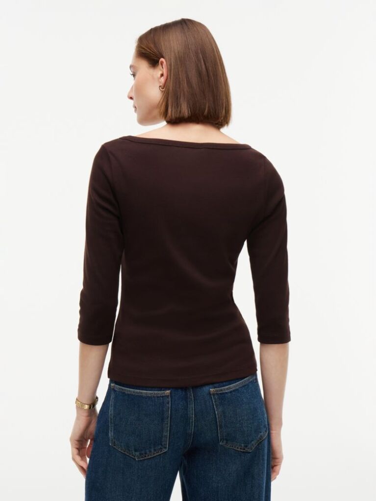 Brown Slim Boat Neck Three-Quarter Sleeve T-Shirt  Women