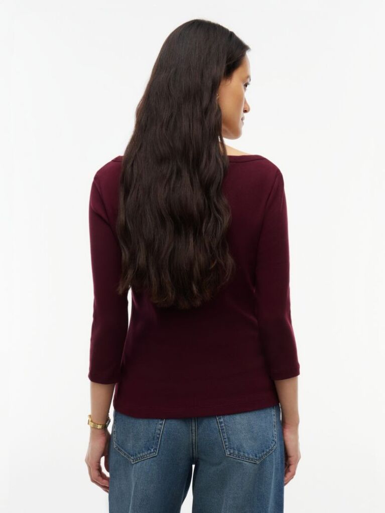 Red Slim Boat Neck Three-Quarter Sleeve T-Shirt  Women