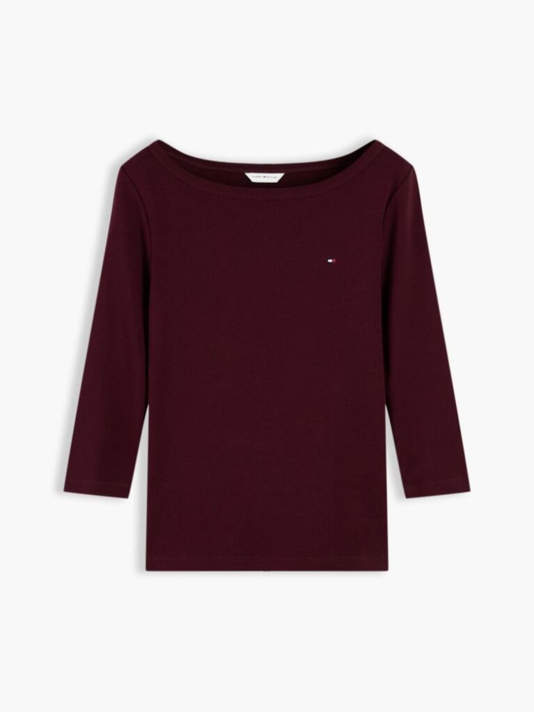 Red Slim Boat Neck Three-Quarter Sleeve T-Shirt  Women