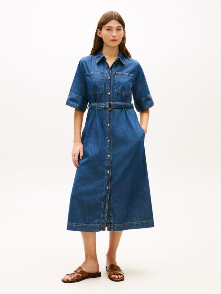 Μπλε Denim Midi Φόρεμα Πουκαμίσα Με Ζώνη  Γυναίκες