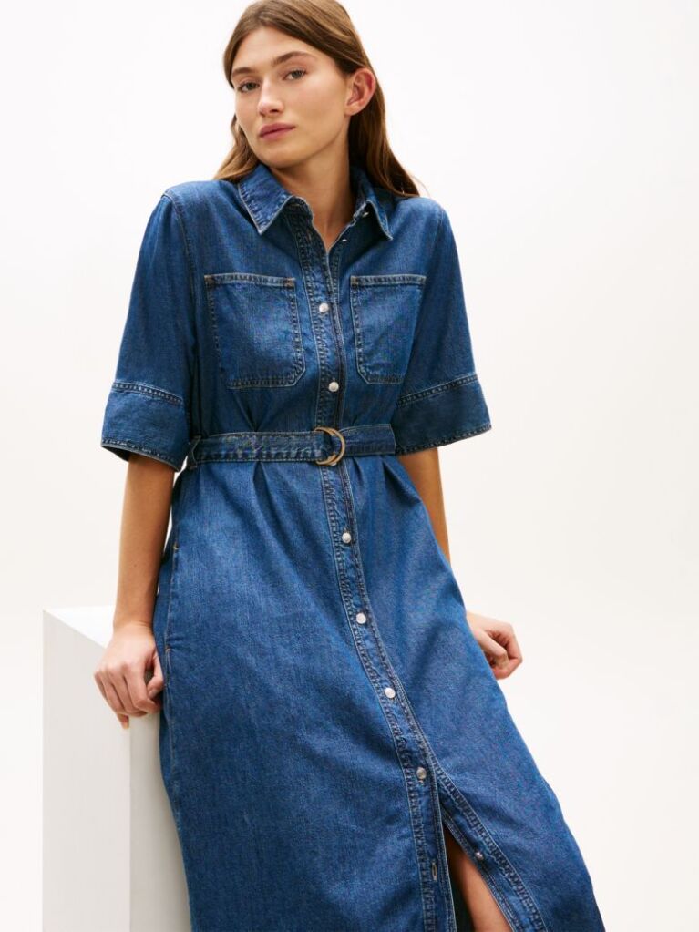 Μπλε Denim Midi Φόρεμα Πουκαμίσα Με Ζώνη  Γυναίκες