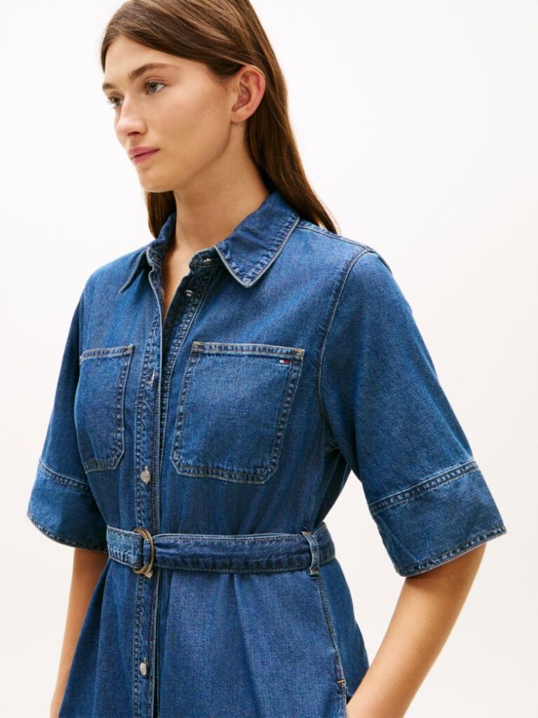 Μπλε Denim Midi Φόρεμα Πουκαμίσα Με Ζώνη  Γυναίκες