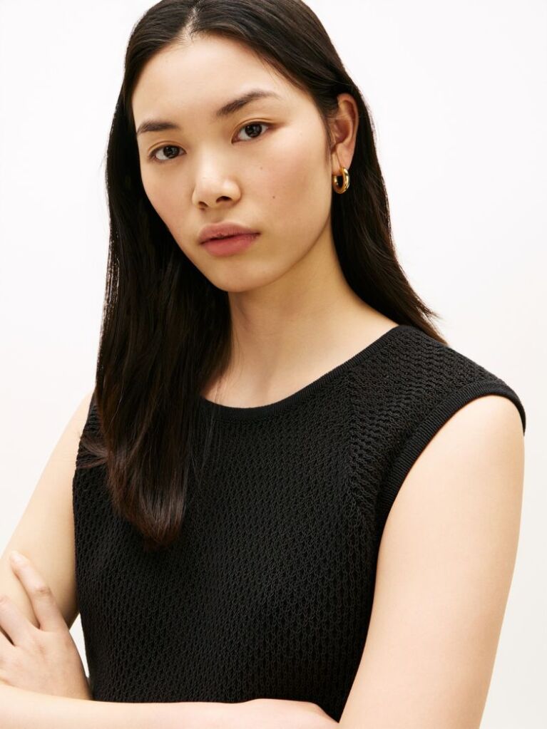 Black Open-Knit Crochet Raglan Short Sleeve Top  Women