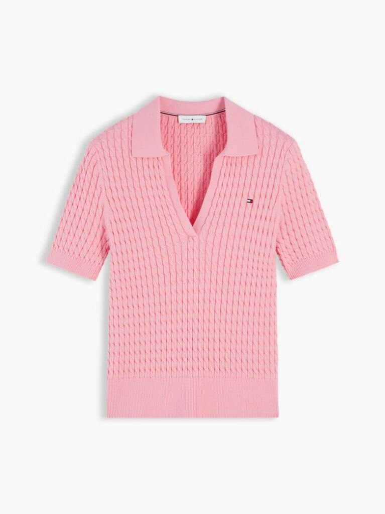 Pink Cable Knit Short Sleeve Polo Jumper  Women
