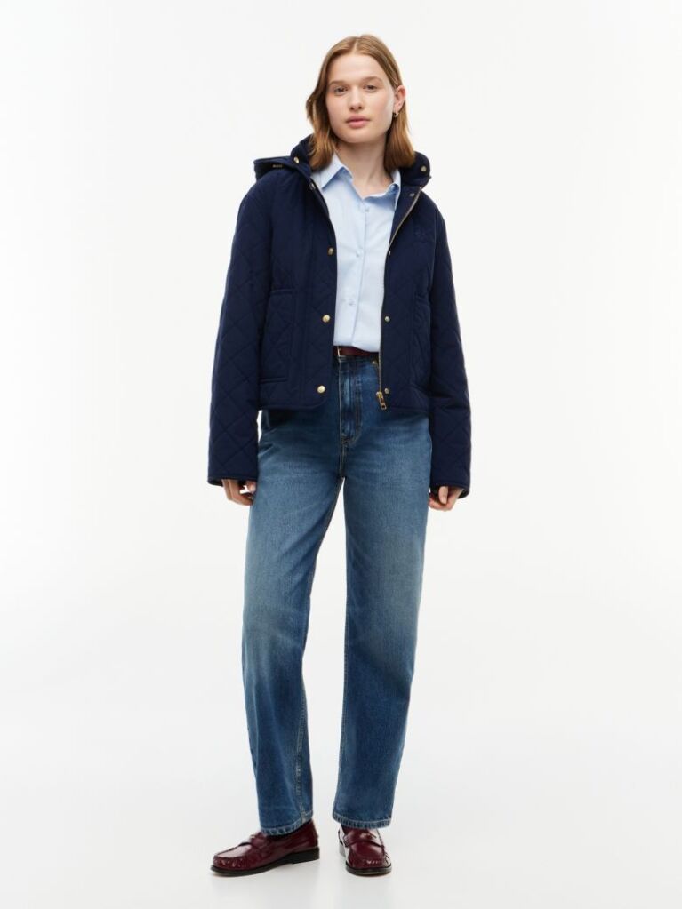 Blue Crest Embroidery Square Quilted Hooded Jacket  Women