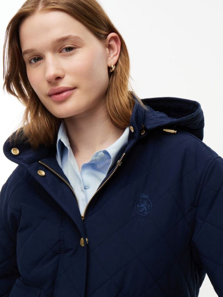 Blue Crest Embroidery Square Quilted Hooded Jacket  Women