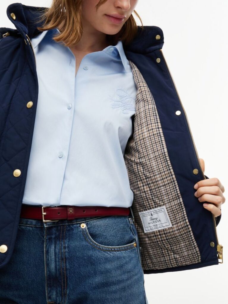Blue Crest Embroidery Square Quilted Hooded Jacket  Women
