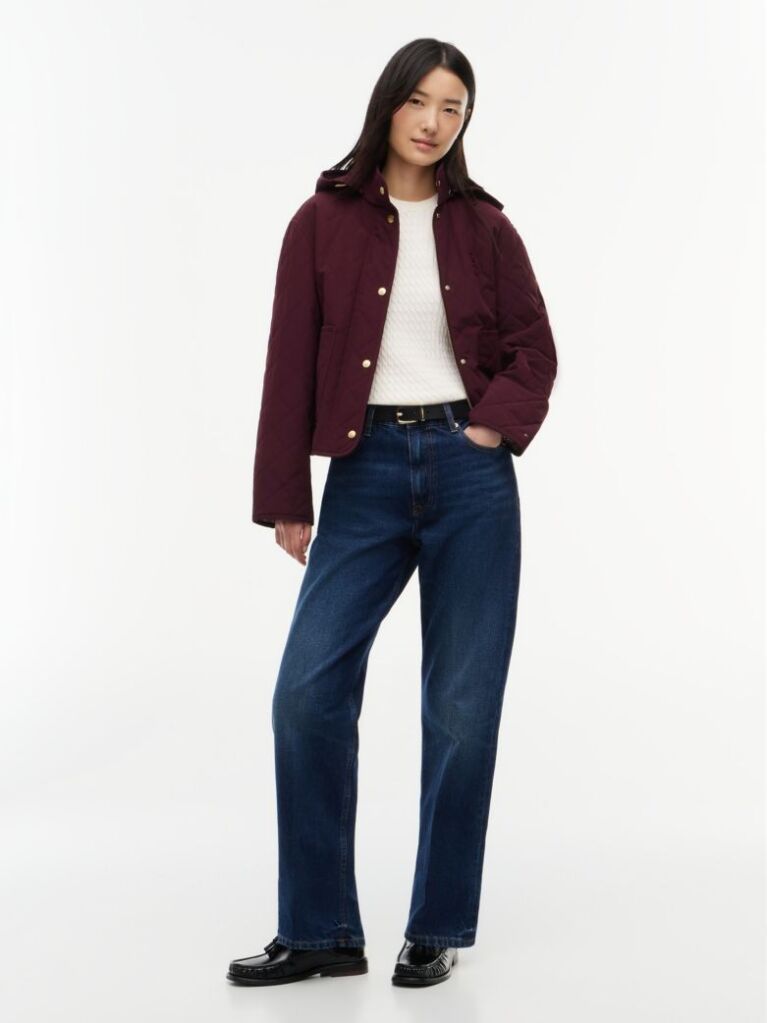 Red Crest Embroidery Square Quilted Hooded Jacket  Women
