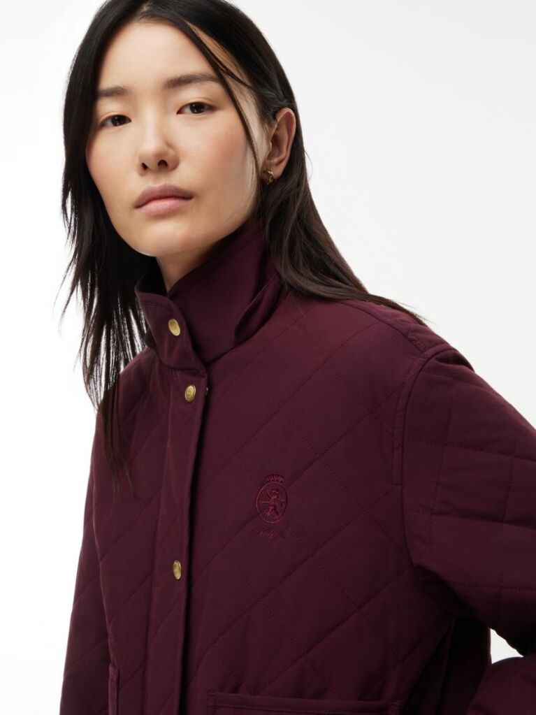 Red Crest Embroidery Square Quilted Hooded Jacket  Women
