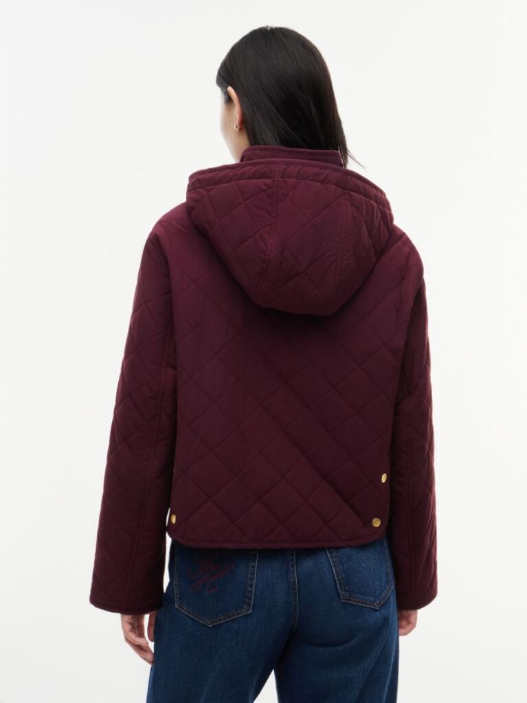 Red Crest Embroidery Square Quilted Hooded Jacket  Women