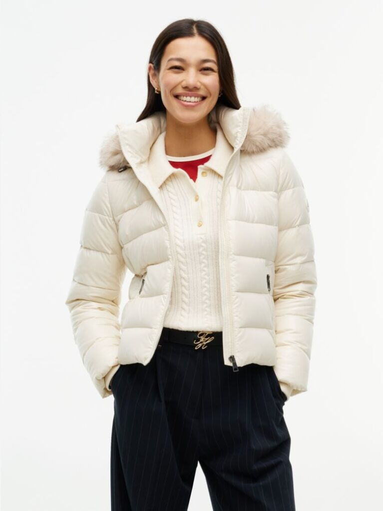 Beige Shiny Down Faux Fur Hooded Fitted Jacket  Women