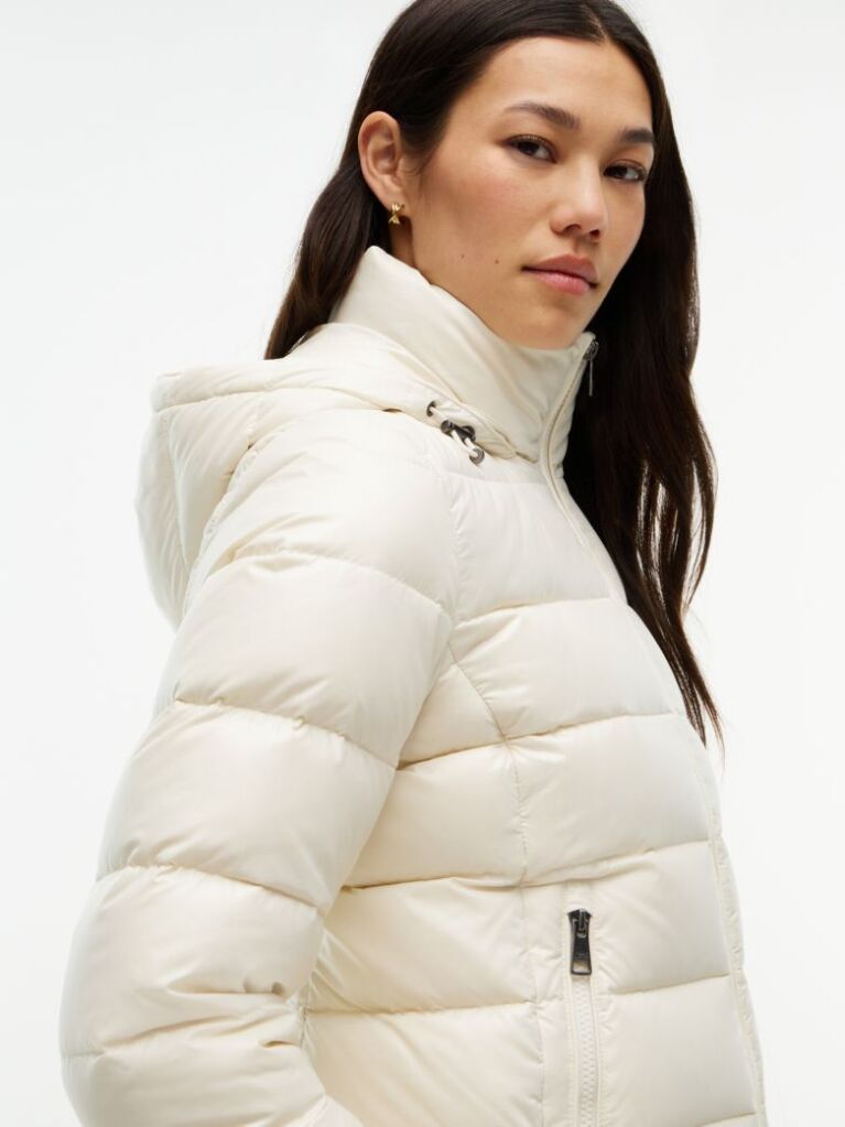 Beige Shiny Down Faux Fur Hooded Fitted Jacket  Women