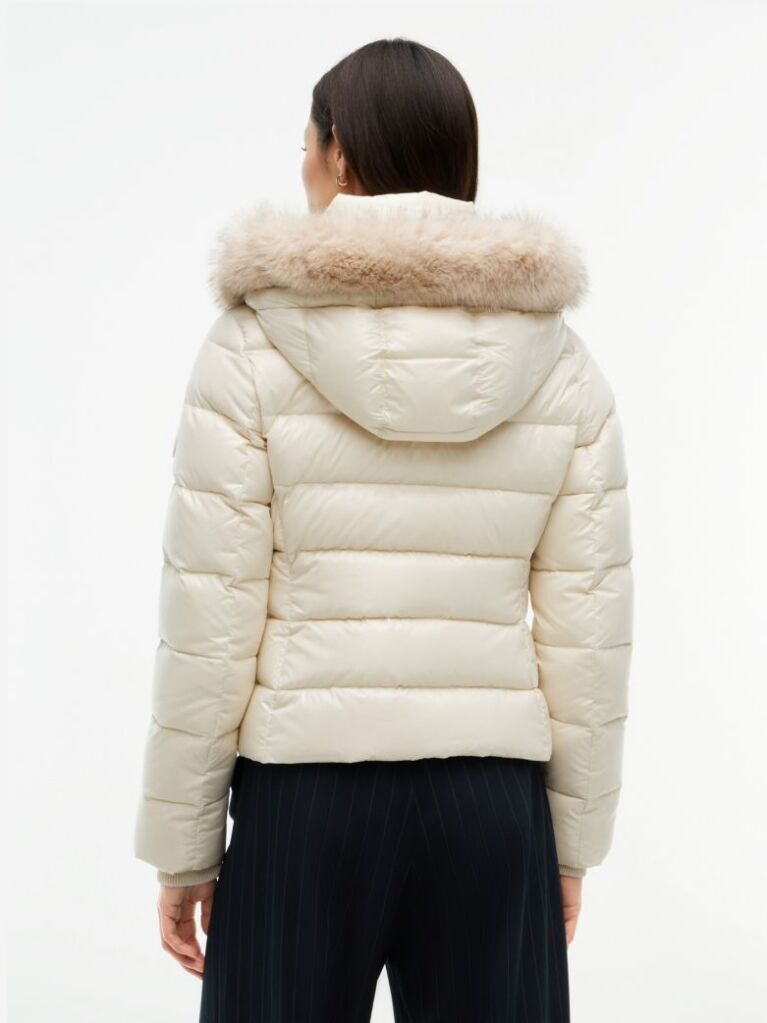 Beige Shiny Down Faux Fur Hooded Fitted Jacket  Women