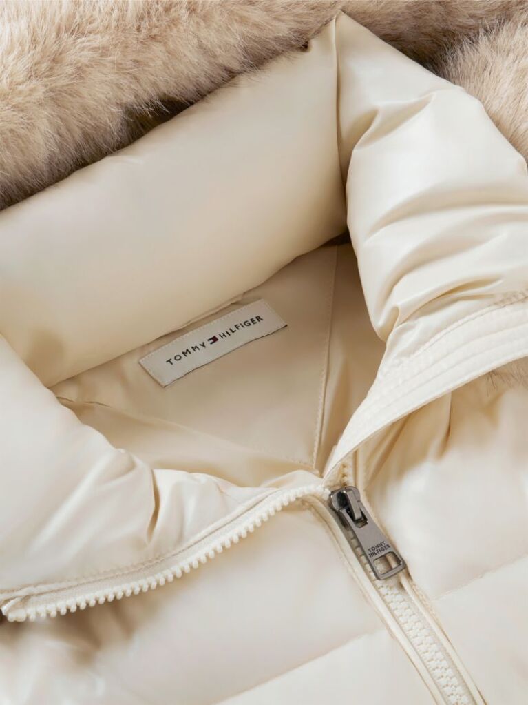 Beige Shiny Down Faux Fur Hooded Fitted Jacket  Women