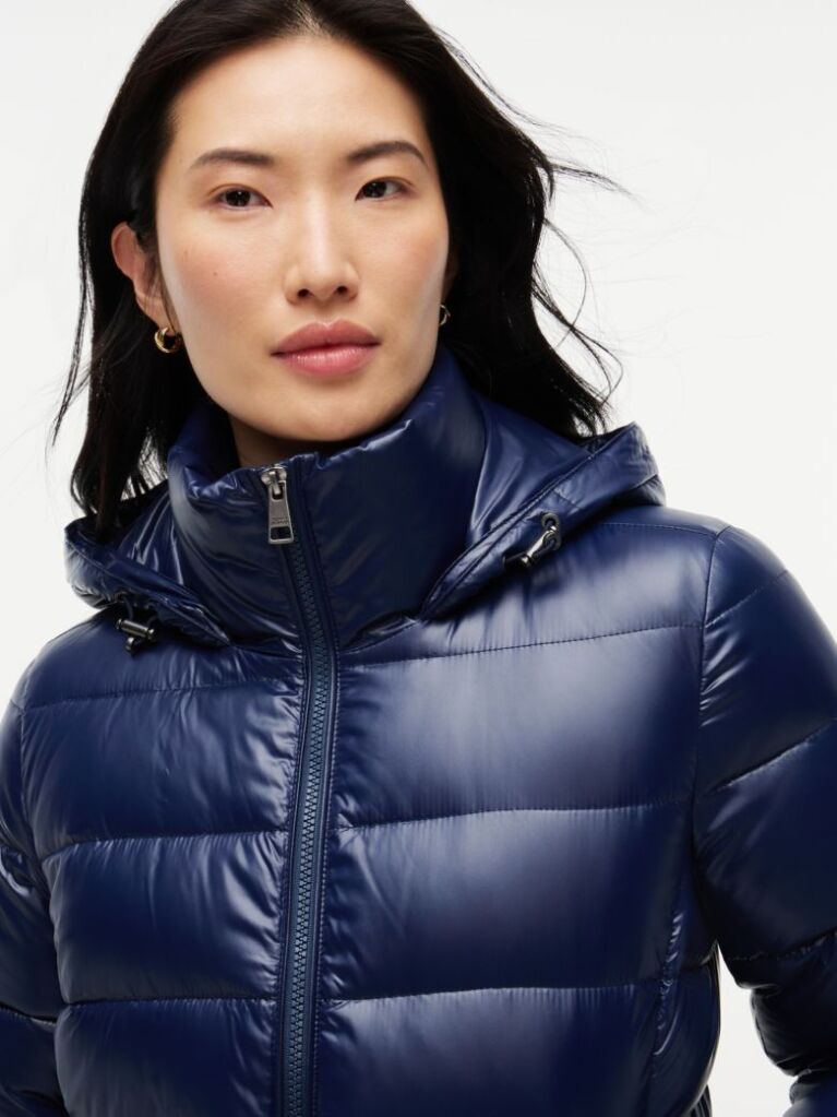 Blue Shiny Down Faux Fur Hooded Fitted Jacket  Women